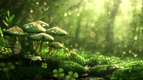 Bioluminescent green mushrooms in soft bokeh forest glade
