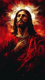 Religious figure portrait is rendered with radiant circular halo