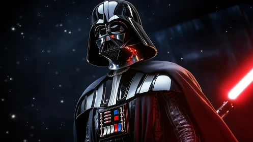 Dark armored figure with red lightsaber in space scene.