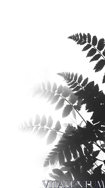 High contrast fern leaf silhouettes on bright white background.