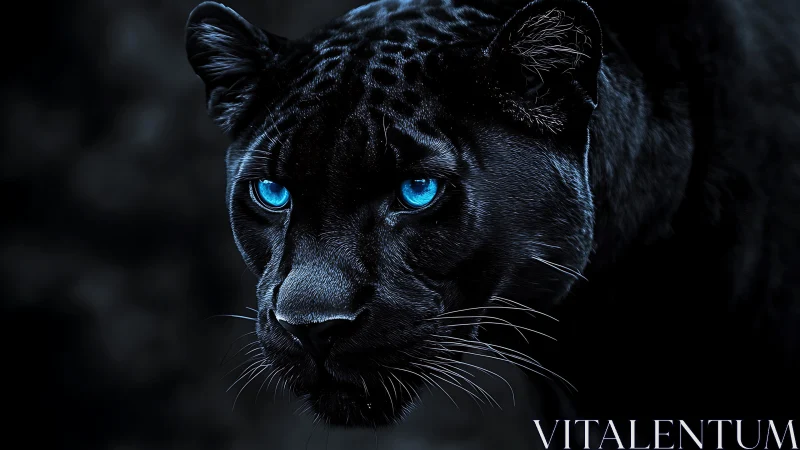 Black Panther with Piercing Blue Eyes in Darkness