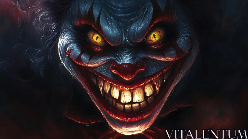 Close view of sinister clown face with glowing yellow eyes.