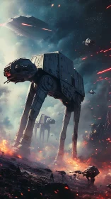 Colossal walkers stride through a blazing cosmic battlefield.