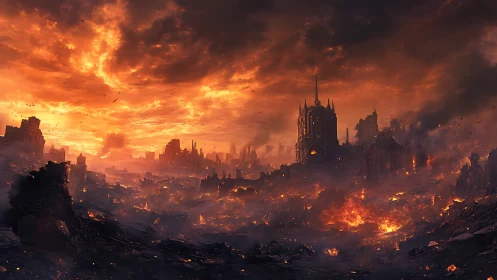 Emberwreathed ruins under an apocalyptic cathedral sky.