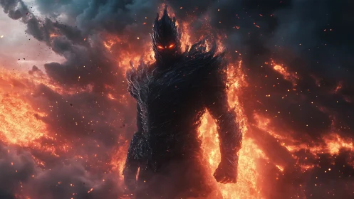 Flaming dark humanoid figure rising from volcanic fire.
