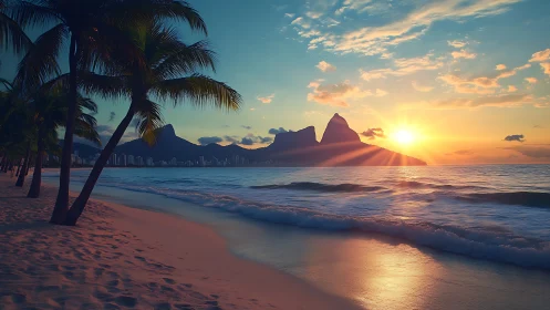 Golden sunset glow over a peaceful tropical city beach.