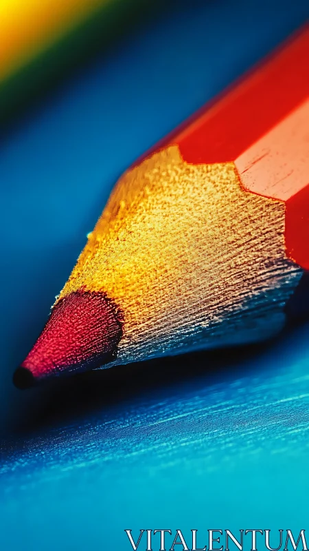 Sharp red pencil tip rests on saturated blue surface