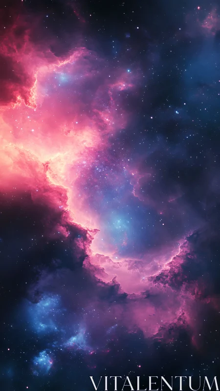 Vertical deep space nebula with pink and blue gas clouds.