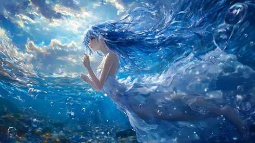 Underwater girl drifts through luminous blue seascape.