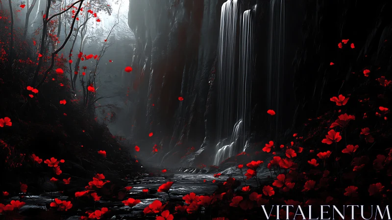 Waterfall Through Crimson Blooms in Misty Canyon.