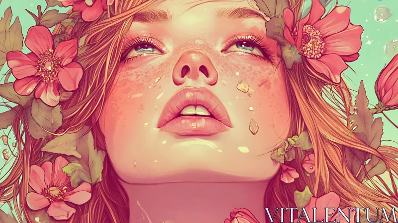 Digital painting portrait with floral halo and upward gaze.