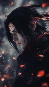 Side profile of dark-haired warrior amid drifting petals