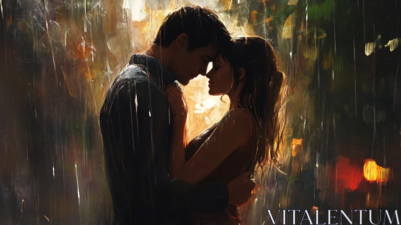 Luminous Intimate Embrace: Oil Painted Couple in Atmospheric Golden Rain