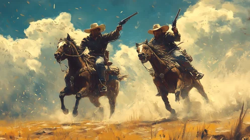 Dynamic cowboy gunslingers on galloping horses in dust storm.