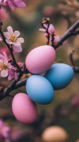 Pastel dyed eggs arranged on blooming tree branches.
