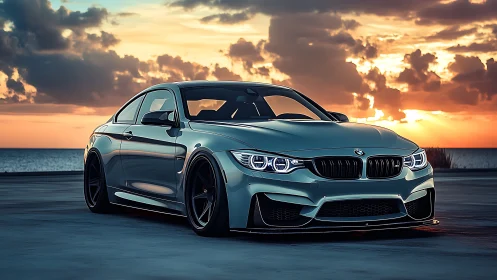 Aerodynamically tuned sports coupe at coastal sunset horizon.