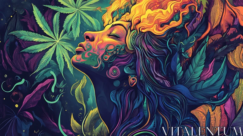 Dreamy woman in neon jungle of swirling leaves and light.