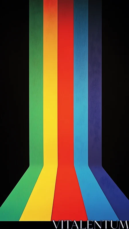 Vertical rainbow bands descend over deep black background.