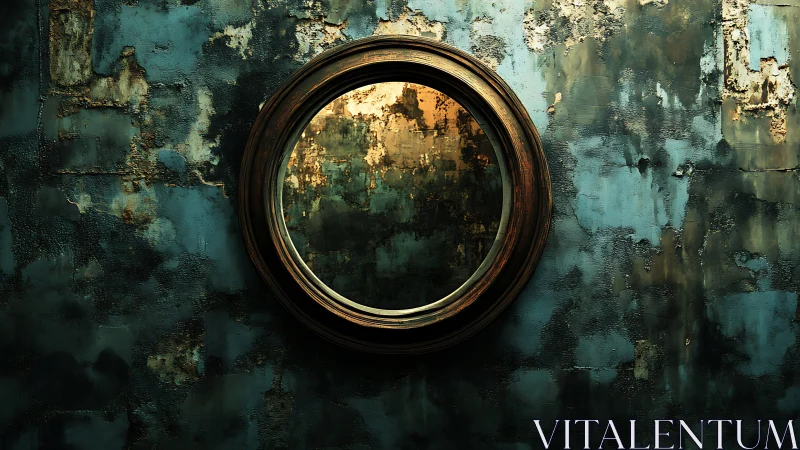 Rust-kissed round mirror on weathered teal wall, softly glowing.