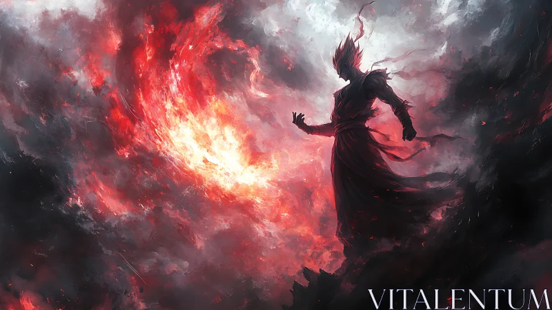 Flaming warrior silhouette commands swirling inferno storm.