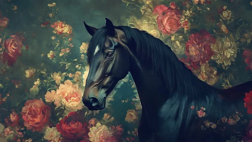 Dark horse stands poised against lush vintage floral backdrop