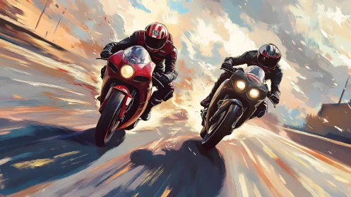 Two sport motorcycles travel side by side on a roadway