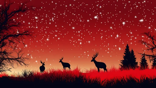 Silhouetted deer stand under dense stars in red twilight sky.