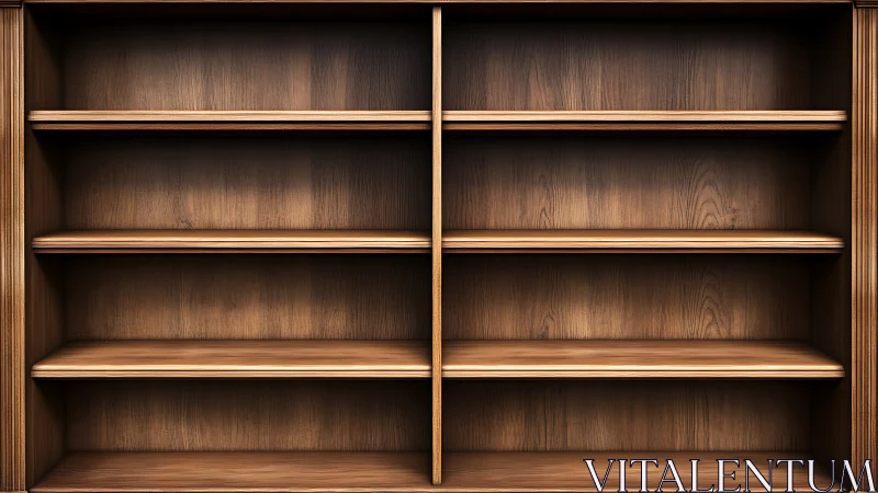 Empty wooden bookshelf with symmetrical double column layout.