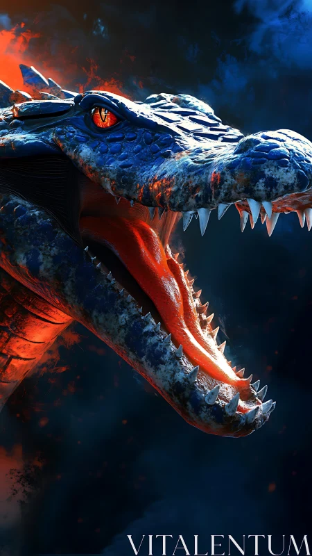 Fiery blue dragon head roaring in blazing contrast.