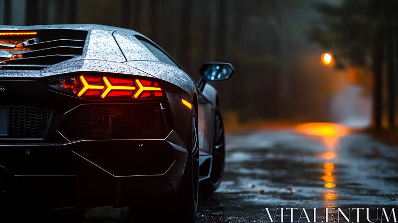 Rear view of black sports car on wet forest road at dusk.