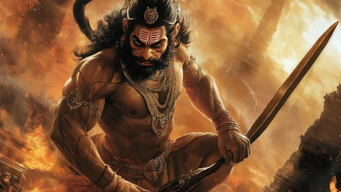 Mythic warrior figure with sword in fiery urban landscape.