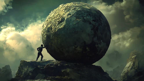 Stormlit titan sphere meets lone climber’s defiant push.