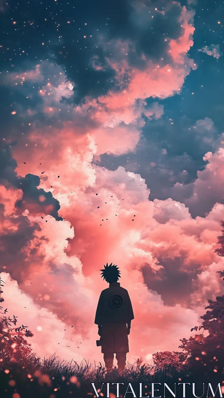 Silhouetted wanderer beneath glowing pink storm clouds.