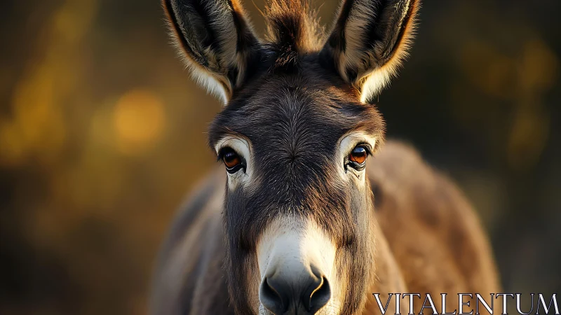 Telephoto portrait of a donkey with shallow depth of field bokeh