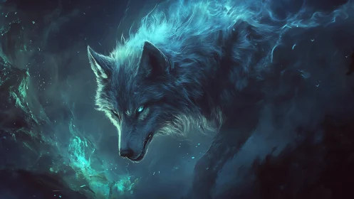 Blue spectral wolf strides through glowing mist in profile