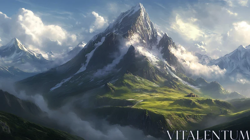 Sunlit alpine peak rises over misted valley fortress
