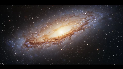 Spiral galaxy glows with dense star fields and bright core.