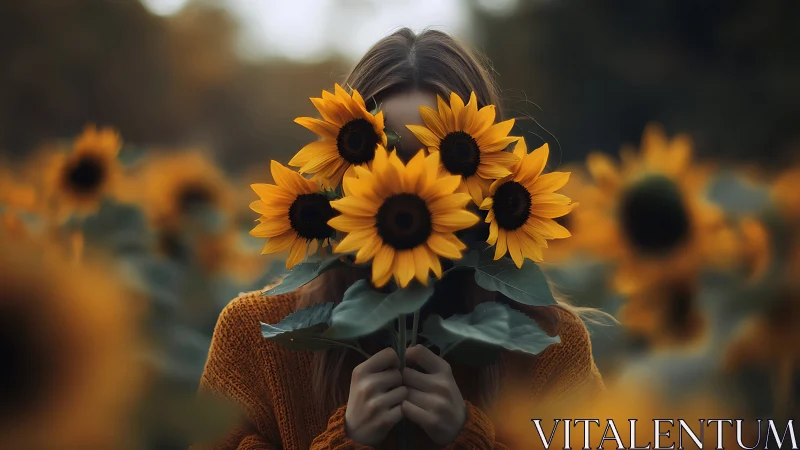 Photorealistic portrait with sunflowers and shallow depth of field.