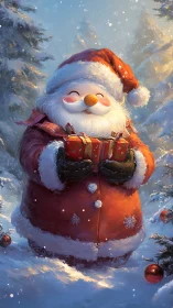 Cheerful stylized Santa holding wrapped gift in snowy forest