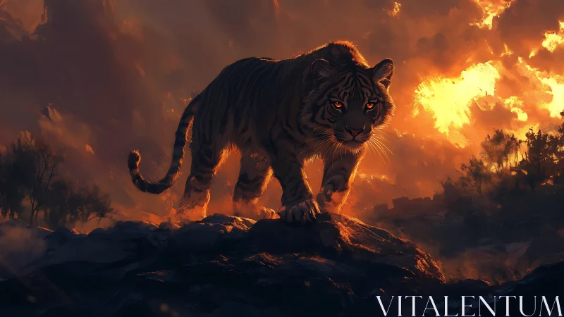 Tiger walks across rocky ridge under intense burning sky