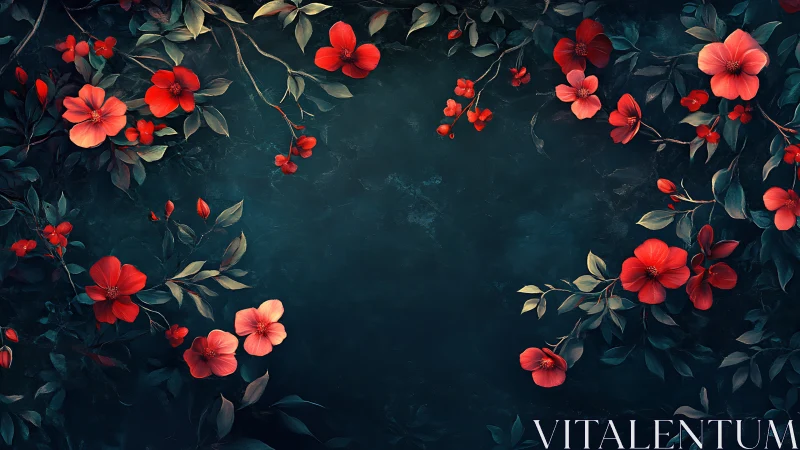 Red Flowers on Dark Blue Background Frame.