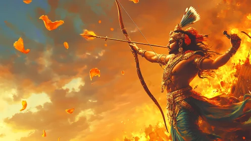 Mythic archer deity aims flaming arrow amid incandescent sky
