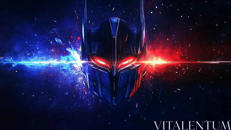 Robot helmet with glowing red eyes in cosmic blue red space.