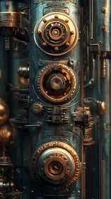 Gleaming steampunk engine tower of gears and quiet wonder.
