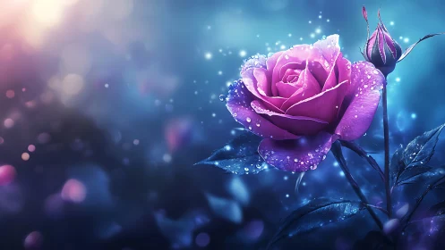 Magenta Rose with Dewdrops in Luminous Blue Setting.