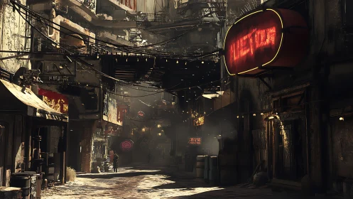 Rusted neon alley in dense dystopian cityscape at dusk.