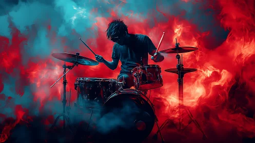 Fiery stage lights engulf a lone drummer in electric smoke