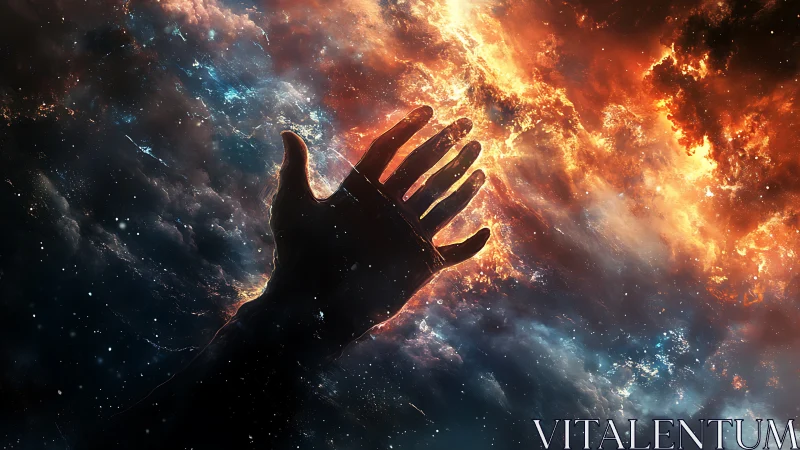 Silhouetted hand reaching through cosmic nebula light field.