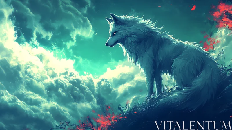 Luminous white wolf overlooks stormlit clouds in ethereal vista