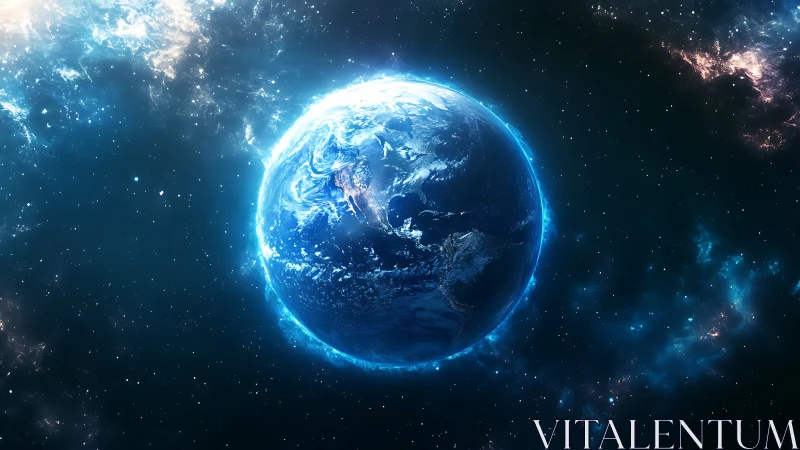 Glowing blue Earth floats in deep cosmic starfield void.